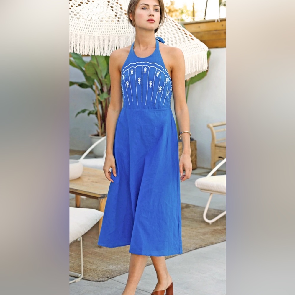 Free People Royal Blue Halter Midi Dress with Embroidered Bodice